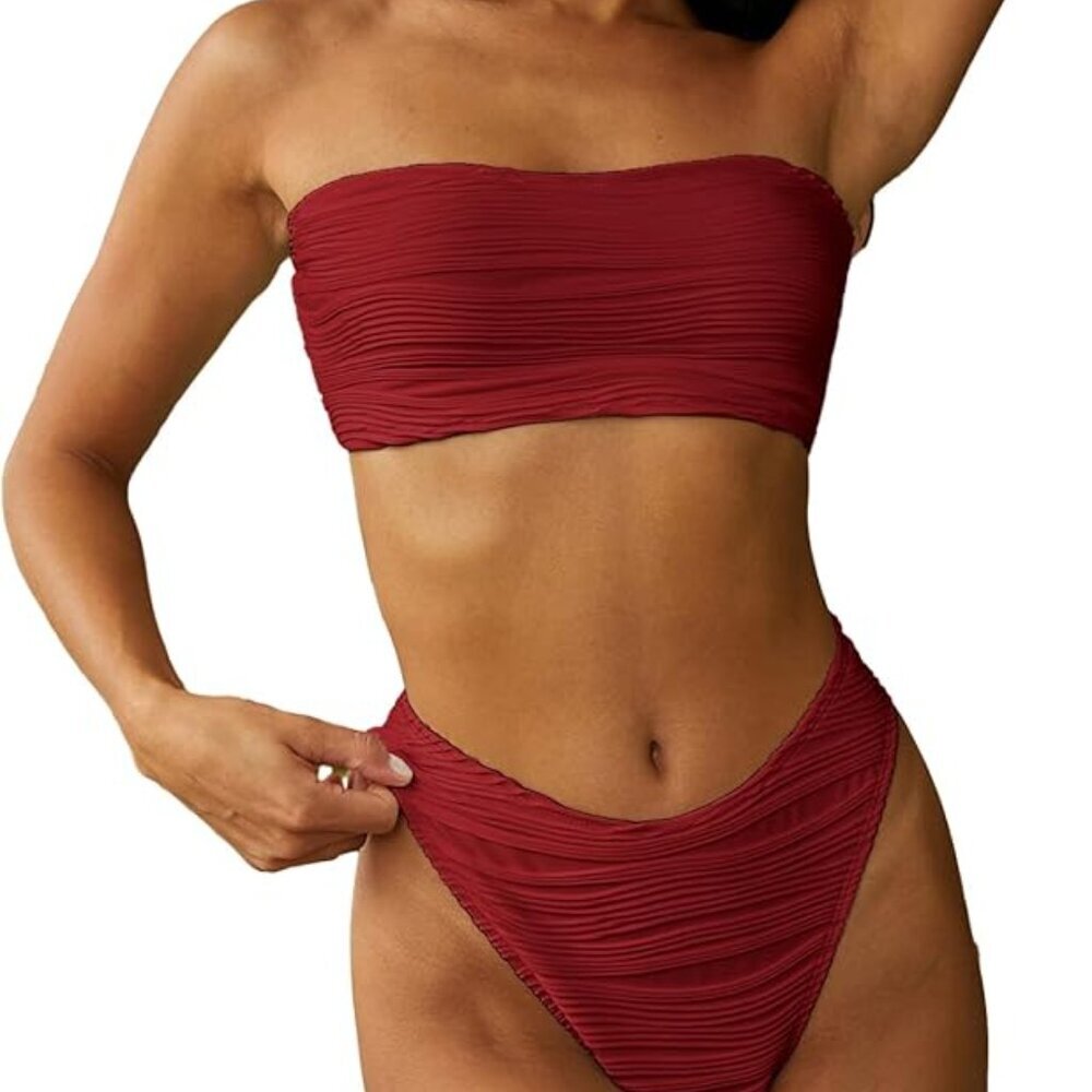 ZAFUL Women Strapless Textured Bandeau Bikini 2 Piece